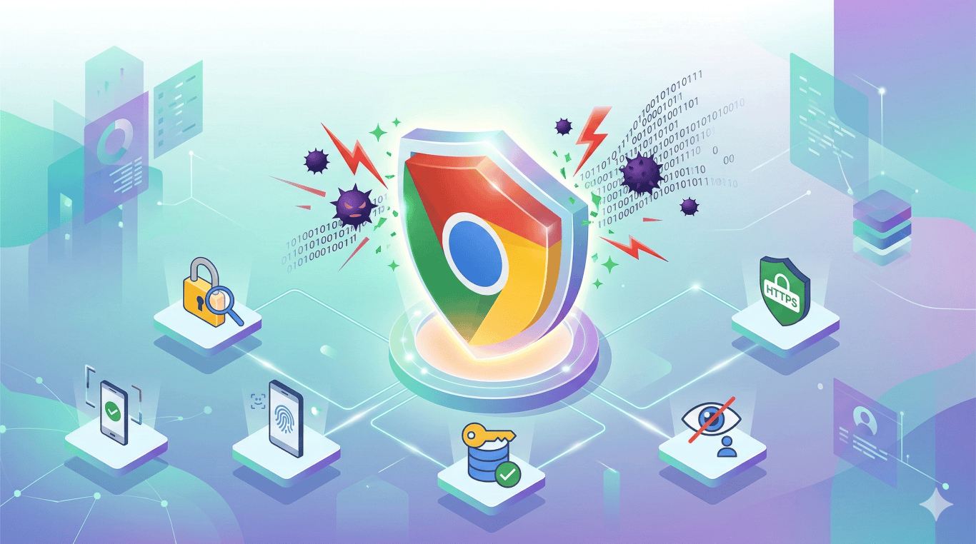 A conceptual isometric illustration featuring a central Chrome logo protected by a glowing shield that is repelling virus-shaped icons. Surrounding the center are smaller 3D icons representing core security features: a smartphone with a 2-step verification checkmark, a biometric fingerprint sensor, a key for the password manager, a shield labeled HTTPS for secure connections, and an eye with a strike-through representing ad privacy.