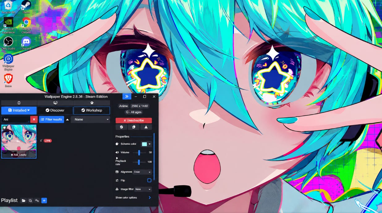 Anime character with turquoise hair and star eyes on Wallpaper Engine interface Anime character with turquoise hair and star eyes on Wallpaper Engine interface