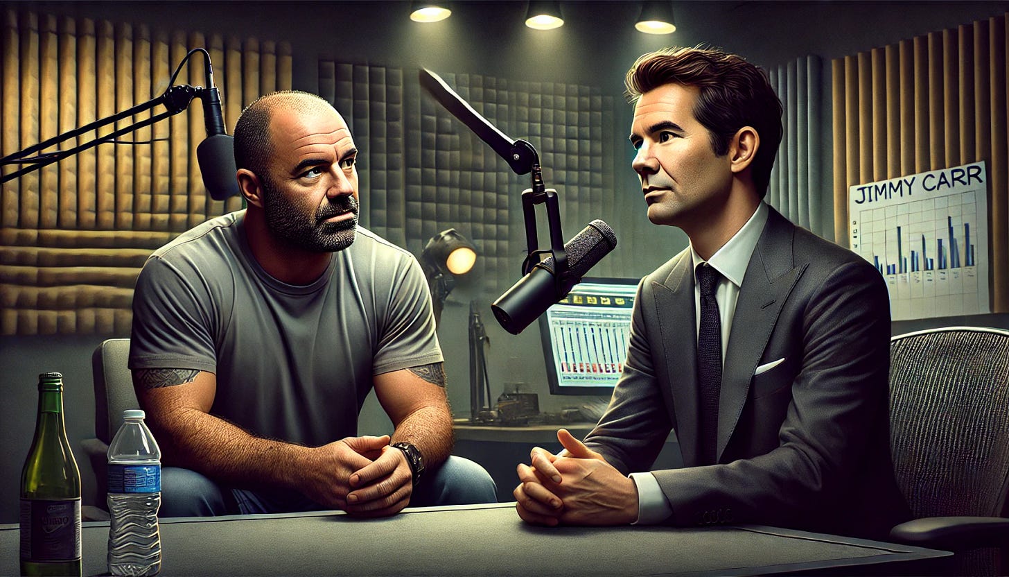 A realistic digital painting of Joe Rogan and Jimmy Carr in a podcast studio. Joe Rogan, rugged with a focused expression, wearing a casual t-shirt, sits across from Jimmy Carr, who is sharp-witted and impeccably dressed in a suit. The studio has soundproof walls, microphones, and monitors flickering in the background. The atmosphere is relaxed yet engaged as they discuss comedy, with Joe listening intently and Jimmy animatedly speaking.