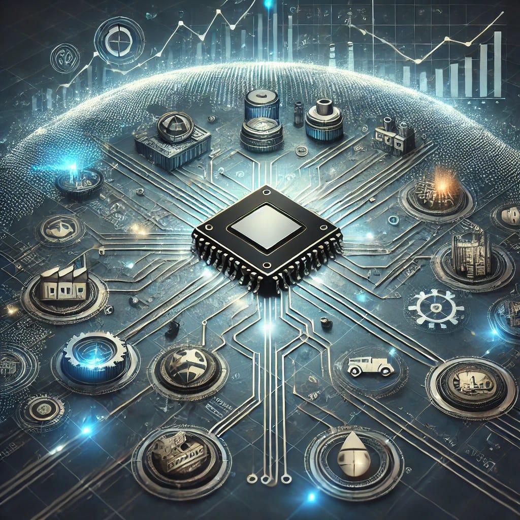 A professional and detailed illustration representing the global semiconductor shortage and its ripple effects on the economy. The image features a symbolic microchip at the center, connected to various industries like automotive, consumer electronics, and telecommunications through subtle glowing lines. Surrounding elements include factory icons, a supply chain with disrupted routes, and fluctuating stock market charts. The globe is faintly visible in the background to emphasize the worldwide impact. Use a color palette of cool blues, metallic grays, and accents of gold for a polished, technological aesthetic.