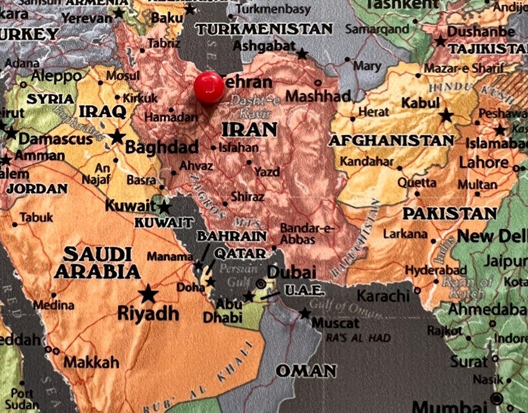 a map of the middle east with a pin in it