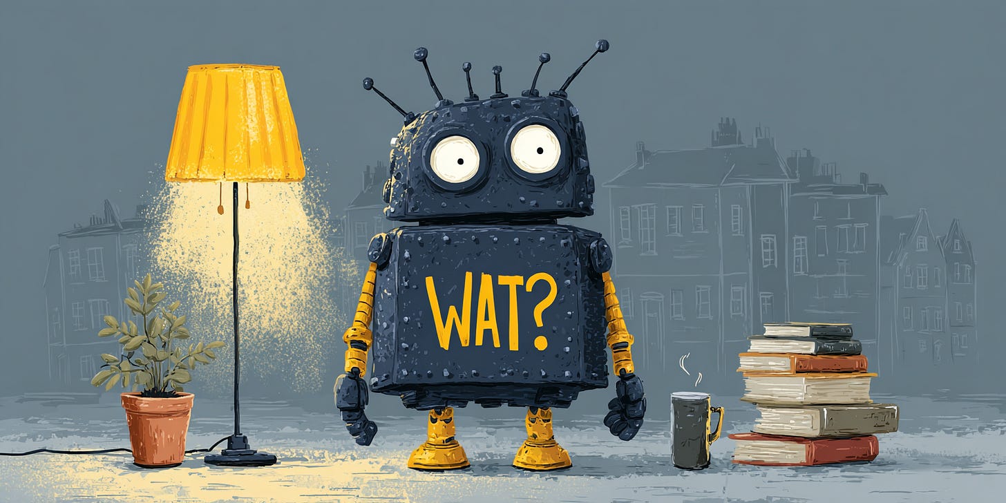 Cartoon robot with large eyes and “WAT?” written on its chest, standing under a yellow lamp beside books, coffee mug, and potted plant.