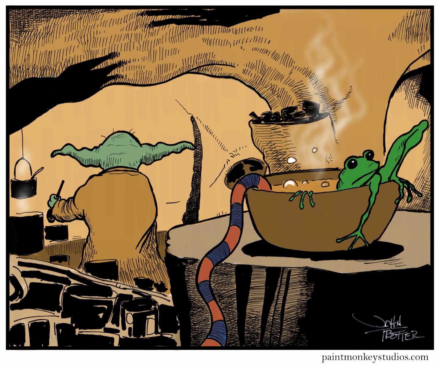Ink and digital cartoon of Yoda preparing a meal while a frog escapes from the bowl on the table.