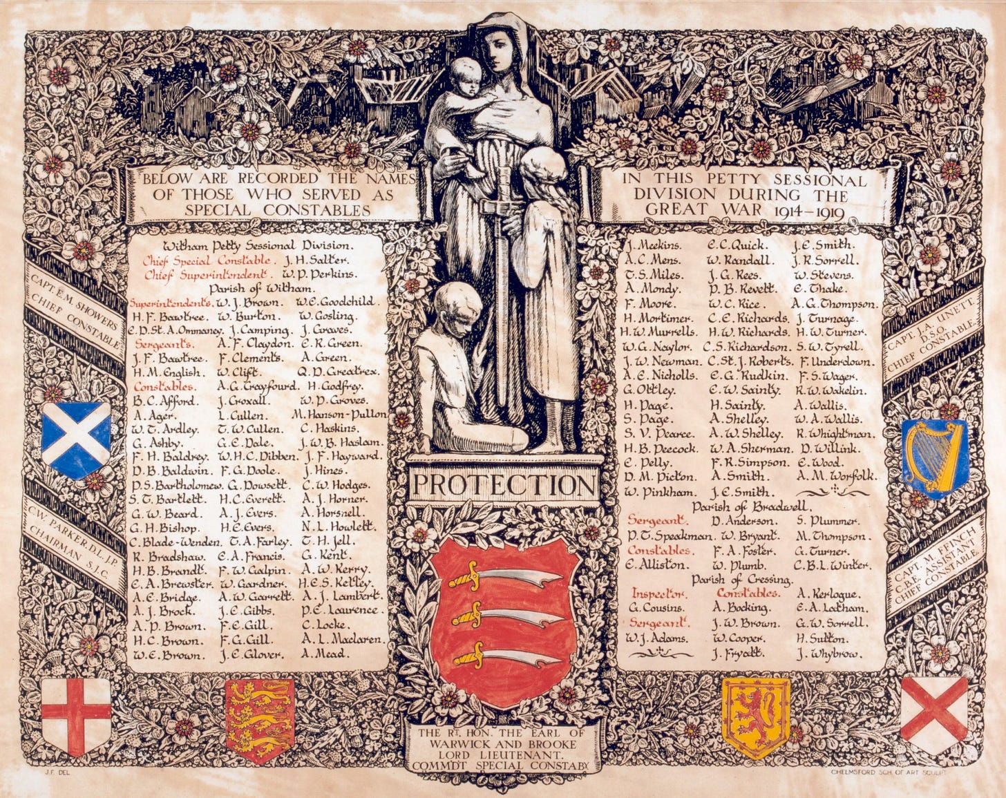 An ornate paper piece showing coats of arms from Essex and UK countries, and an illustration of a mother protecting her three children with a sword, captioned protection. To the left and right side of the illustration are the names of Special Constables.