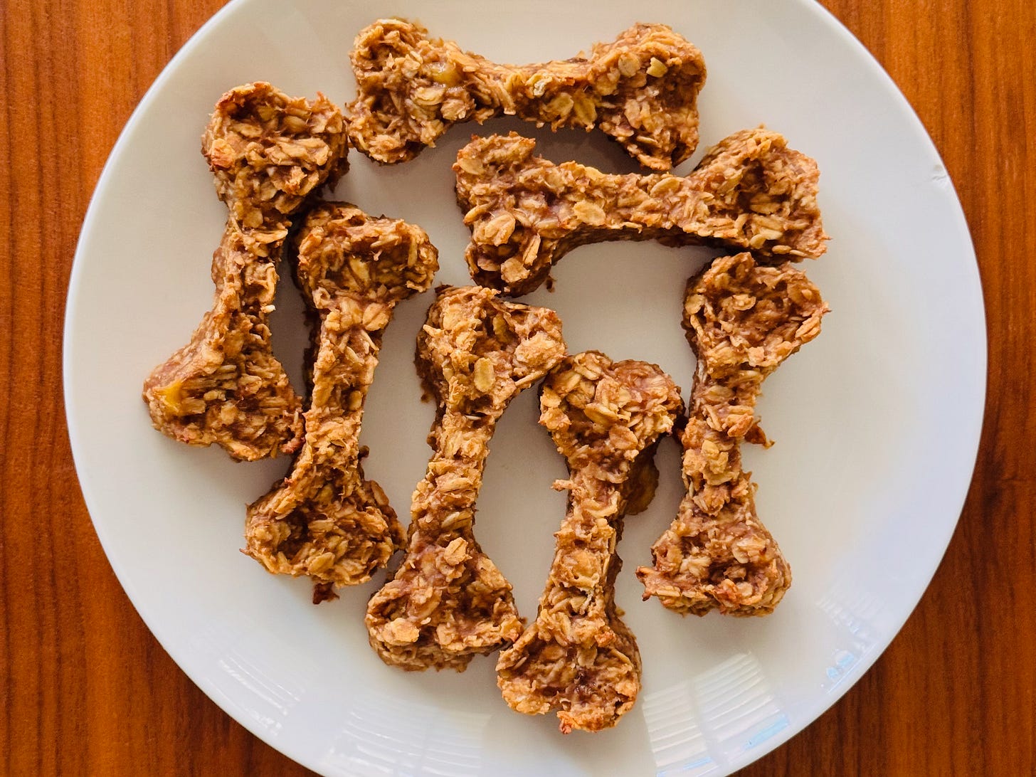 Dog-safe oatmeal peanut butter banana cookies cut into bone shapes on a parchment lined baking sheet. Dog-safe oatmeal peanut butter banana cookies cut into bone shapes on a parchment lined baking sheet.