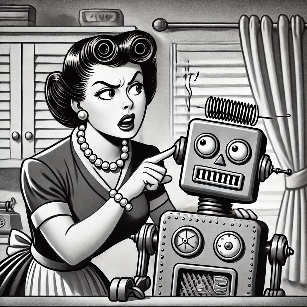 A black and white cartoon illustration inspired by a 1950s era aesthetic. The scene features a woman with a softened expression of exasperation rather than anger, grabbing a retro-styled robot by its ear. The woman wears a 1950s dress, pearls, and has styled hair, maintaining an authoritative yet less severe demeanor. The robot has a vintage design with bolts and a surprised expression. The background includes mid-century curtains and a simple home interior, emphasizing the humorous and vintage aesthetic.