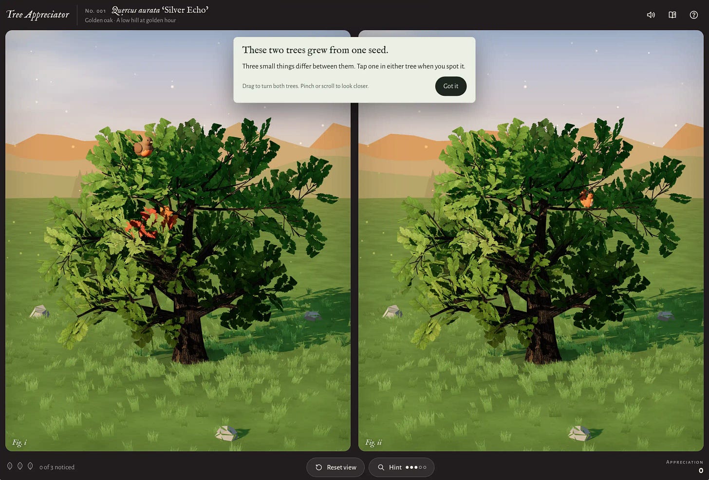 Screenshot of a web game called Tree Appreciator, a spot-the-difference puzzle showing two side-by-side 3D renders of the same leafy green oak on a grassy hill at golden hour, with orange low-poly hills and a hazy sky behind and pale rocks in the grass. The left tree (Fig. i) has a small brown-and-orange bird perched near the top and a cluster of red-orange autumn leaves in its left canopy; the right tree (Fig. ii) has a small orange squirrel on a branch right of center. Header text: "Tree Appreciator" "No. 001 Quercus aurata 'Silver Echo'" "Golden oak · A low hill at golden hour", with sound, book and help icons at top right. A popup over the scene reads: "These two trees grew from one seed." "Three small things differ between them. Tap one in either tree when you spot it." "Drag to turn both trees. Pinch or scroll to look closer." with a "Got it" button. Panel labels: "Fig. i" "Fig. ii".