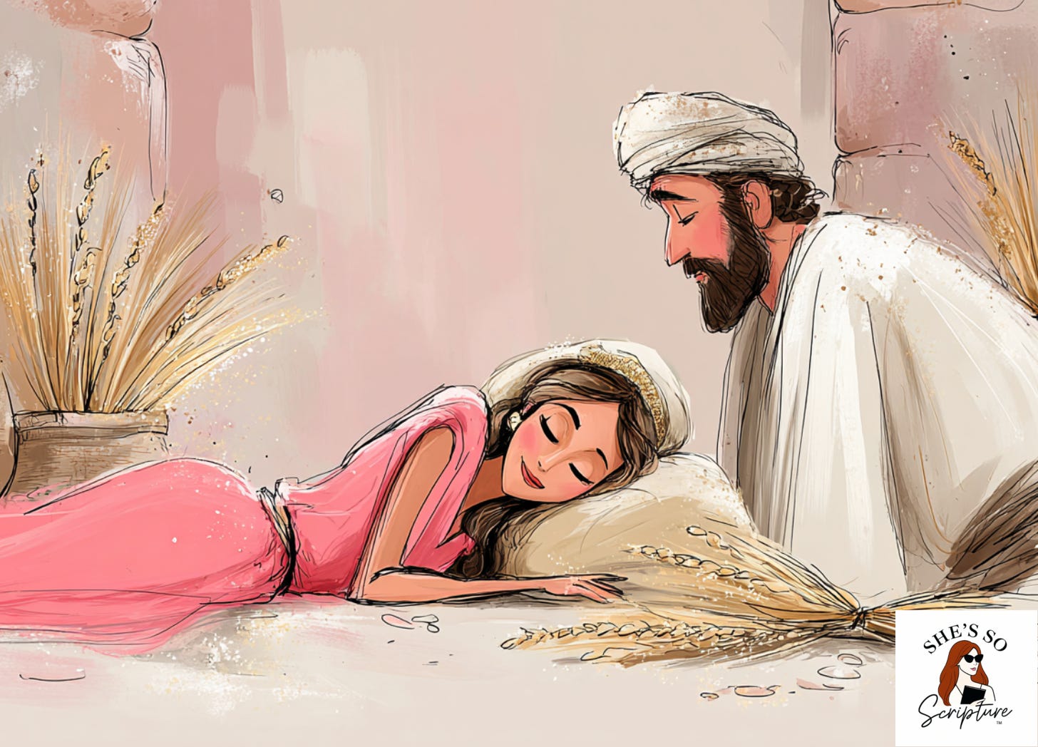 Illustrated ancient woman lying at a man's feet beside a grain pile on a moonlit threshing floor, evoking the biblical scene of Ruth and Boaz in chapter three.