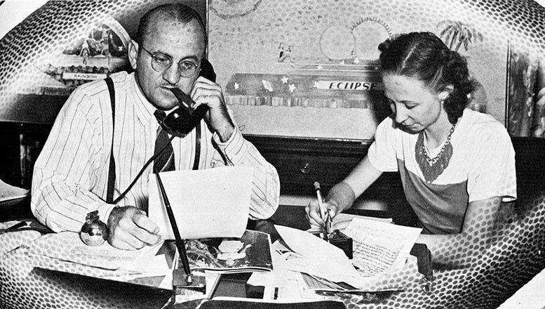 Earnie Seiler and his secretary, Helen Brammer, during the early years of the Orange Bowl