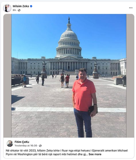 Screenshot 1: Milaim Zeka amplifies Fitim Çeku’s disinformation, republishing his narrative verbatim to reach a wider audience, a clear example of coordinated laundering of falsehoods.   Screenshot 2: Halit Sahitaj (third from left and right) seated at the same table with Milaim Zeka (far right), in a scene contradicting efforts by Çeku to distance both men from ongoing malign operations, a revealing moment of informal association between key players.  Screenshot 3: Further evidence of the amplification loop — Milaim Zeka once again reposting disinformation originally seeded by Fitim Çeku, underscoring the deliberate collaboration between the two figures.