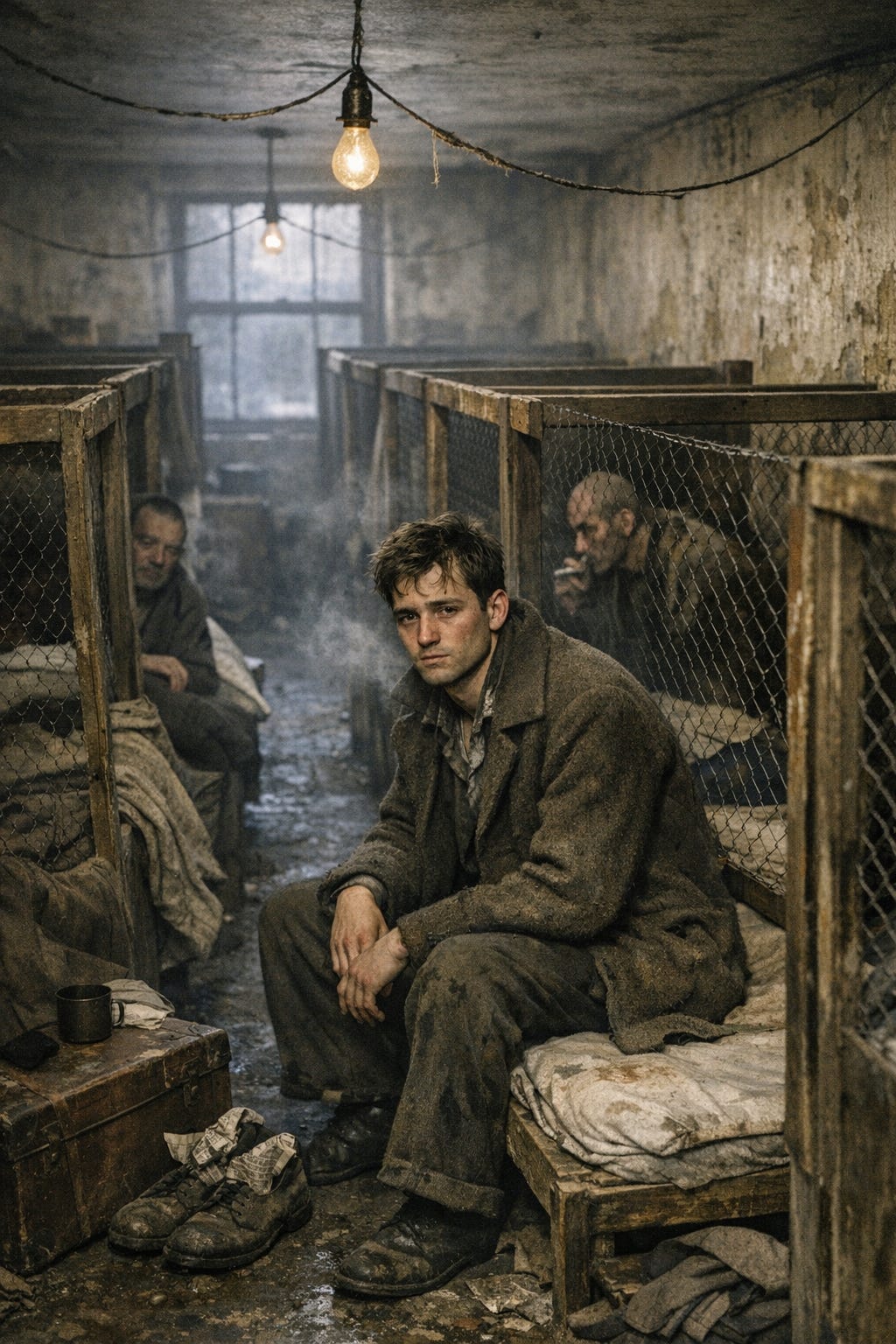 please generate all images in this thread in color Hyperrealistic photograph of a 1930s Bowery flophouse interior at dawn, December 1935. Rows of narrow wooden cubicles separated by chicken wire partitions stretch into dim distance. A young man in his mid20s with hollow cheeks, wearing a threadbare wool coat and wrinkled shirt, sits on the edge of a thin, stained mattress. Weak gray winter light filtering through filthy windows coated in grime. Other men visible in adjacent cages—weathered faces, unshaven, gaunt from malnutrition, dark circles under eyes. Peeling paint walls yellowed by decades of tobacco smoke, bare incandescent lightbulbs hanging from frayed cords, visible breath condensing in cold air. Scattered personal effects: battered cardboard suitcases, wornthrough shoes with newspaper stuffed inside. Authentic Great Depression poverty, documentary photography style reminiscent of Jacob Riis, natural lighting with harsh shadows, grain and texture of 1930s photography, desaturated tones..png