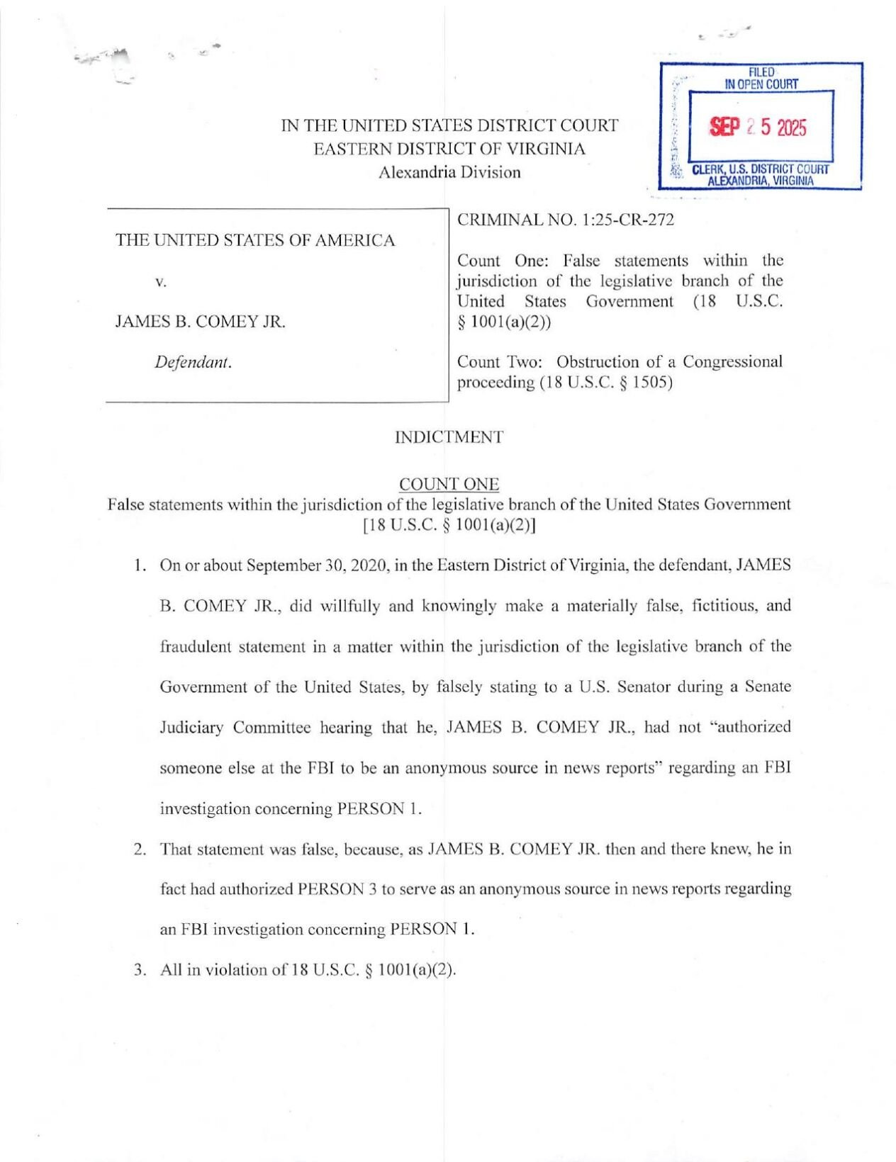 Comey indictment 9-25-25