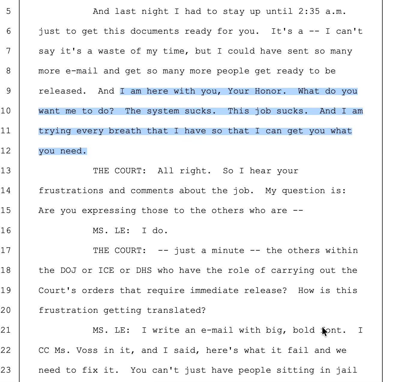 Transcript excerpt, highlighted: "I am here with you, Your Honor. What do you want me to do? The system sucks. This job sucks. And I am trying every breath that I have so that I can get you what you need."