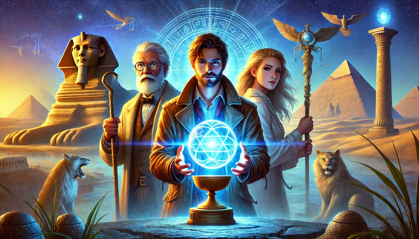 A dynamic book cover featuring three central characters against an ancient Egyptian backdrop at twilight. In the foreground, Sam—the intrepid explorer—holds Merlin’s Staff confidently, wearing rugged adventurer attire. Dr. Penfield, the wise scholar with glasses and a beard, stands beside him, dressed in scholarly robes. Lisa, the third member, clutches a glowing Grail with both hands, her face illuminated by its light. Floating nearby is David, depicted as a radiant, mysterious Orb of influence, pulsing with energy. The background showcases the majestic Sphinx and distant pyramids in a sweeping desert landscape. The sky is a deep twilight blue with hints of purple, dotted with stars and subtle Atlantean glyphs faintly glowing. In the center, the 'Eye of the Beholder' relic—an intricate fusion of the Grail, Staff, Orb, and Tesla’s Aether Battery—glows with ethereal light, symbolizing hidden power and ancient wisdom. The colors are rich and vibrant with a mystical atmosphere, high-definition, and cinematic quality.