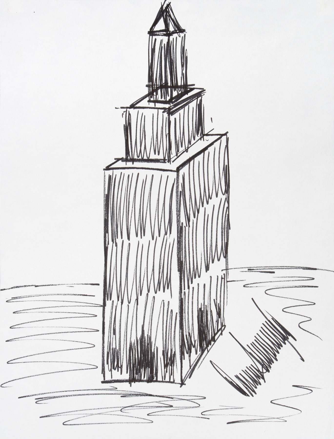 May be a black-and-white image of pen, sketch, bell tower and text