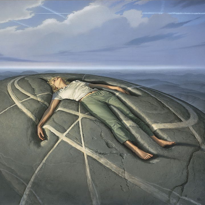 LEFT: Figure detail from GRAVITY featuring a woman in white t-shirt and drab green sweatpants sinking back into a mound of solid gray rock. The surface is marked with curving and intersecting lines that echo a similar contrail hidden mostly behind clouds high in the sky. RIGHT: Close detail from GRAVITY featuring a woman sinking back into a mound of solid gray rock. Her eyes are closed and her face is turned up to the sky.