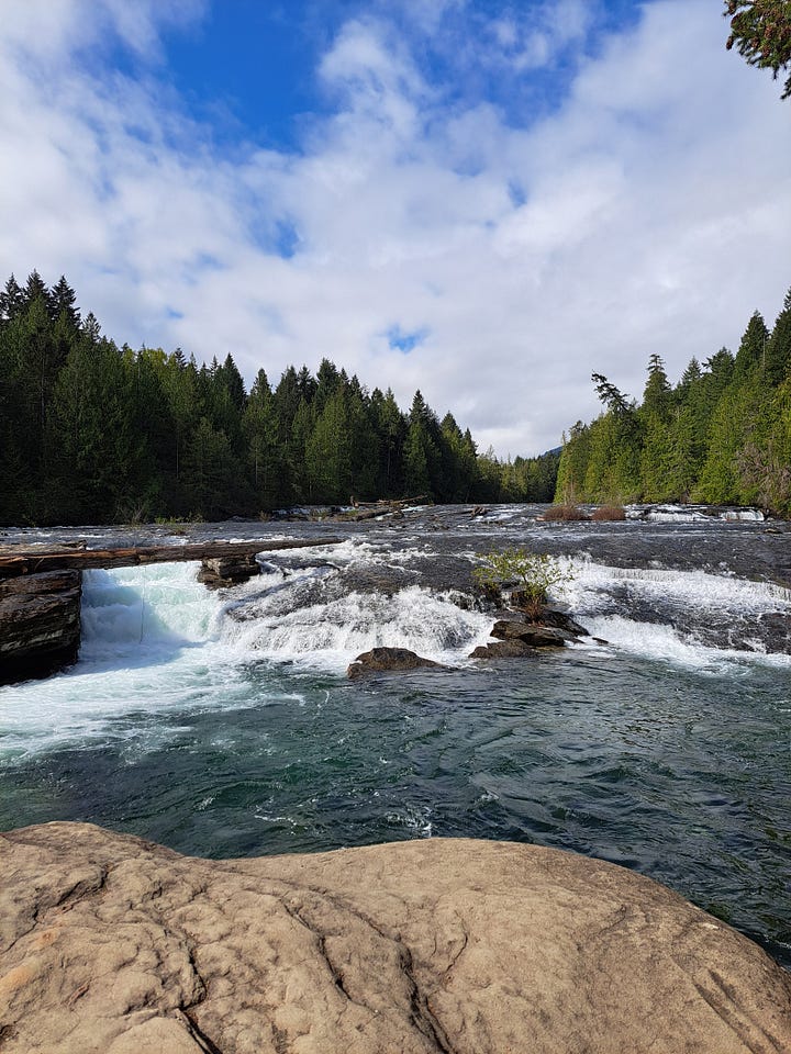 Photos of a waterfall, tree roots coming out of the ground, a rocky beach, a woman standing in front of a very large rock