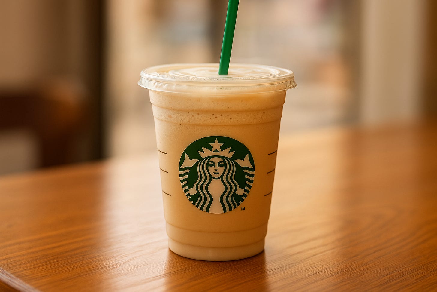 Iced vanilla protein latte in a Starbucks cup on a sunlit table.