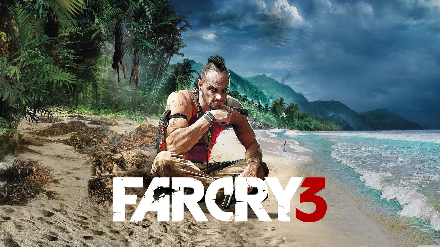 Far Cry 3 cover art showing a menacing man crouched on a tropical beach, holding a handgun and staring directly at the viewer. Behind him are dense jungle foliage, hanging bodies, and a stormy sky over turquoise ocean water. The title “FAR CRY 3” appears in large white and red text across the foreground.