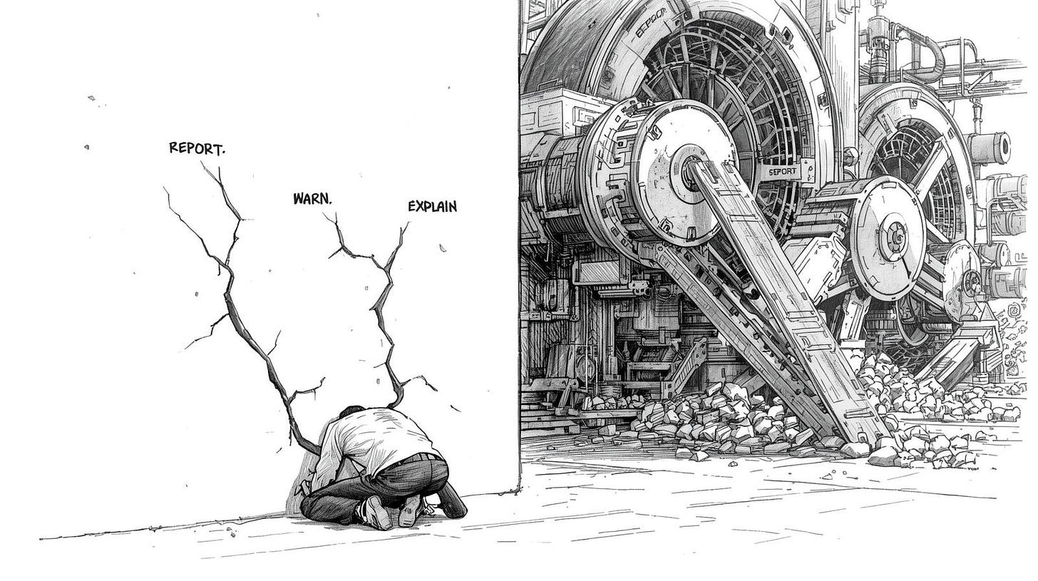 Exhausted person patching wall cracks while machine behind them produces endless fakes Exhausted person patching wall cracks while machine behind them produces endless fakes