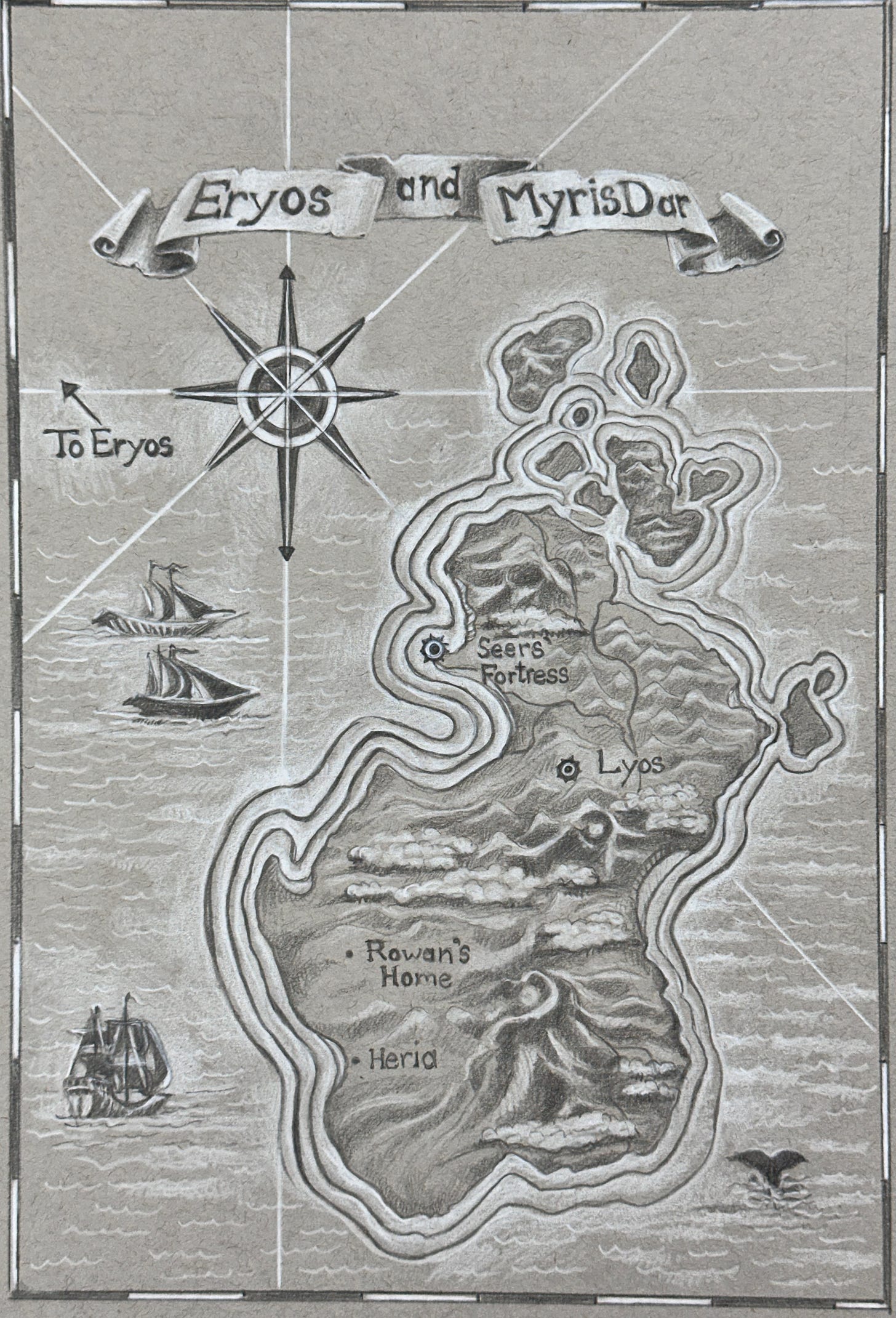 Myris Dar and Eryos, the new maps for The Messenger From Myris Dar, Book One of The Stone Guardians, by Kindrie Grove