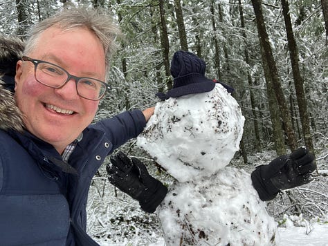 Photos of man throwing snowball, skibowl, picnic basket with soup, snowman, and Skyway restaurant and race car