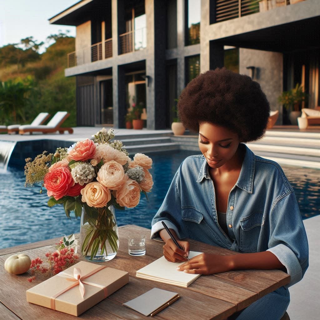 African AMerican woman sitting at a table outside writing a letter with beautiful flowers in front of a beautiful modern mansion with waterfall