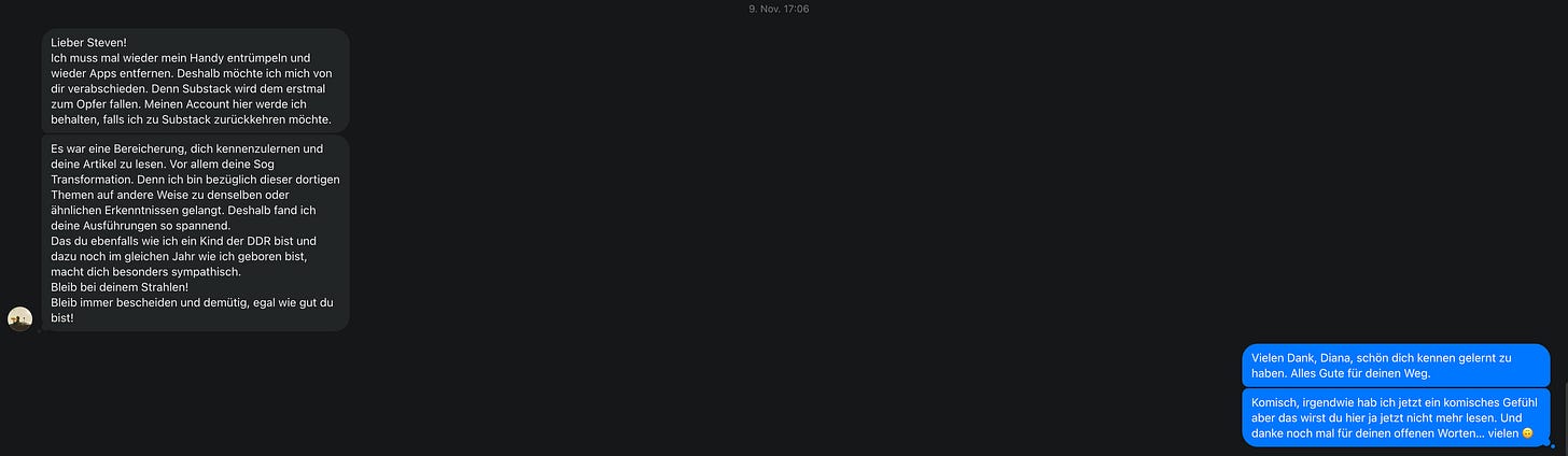 "Screenshot der letzten Nachricht zwischen Steven und Diana: 'Komisch, irgendwie hab ich jetzt ein komisches Gefühl aber das wirst du hier ja jetzt nicht mehr lesen.' – Der Moment, als digitale Verbindung zur menschlichen Frage wurde. "Screenshot der letzten Nachricht zwischen Steven und Diana: 'Komisch, irgendwie hab ich jetzt ein komisches Gefühl aber das wirst du hier ja jetzt nicht mehr lesen.' – Der Moment, als digitale Verbindung zur menschlichen Frage wurde.