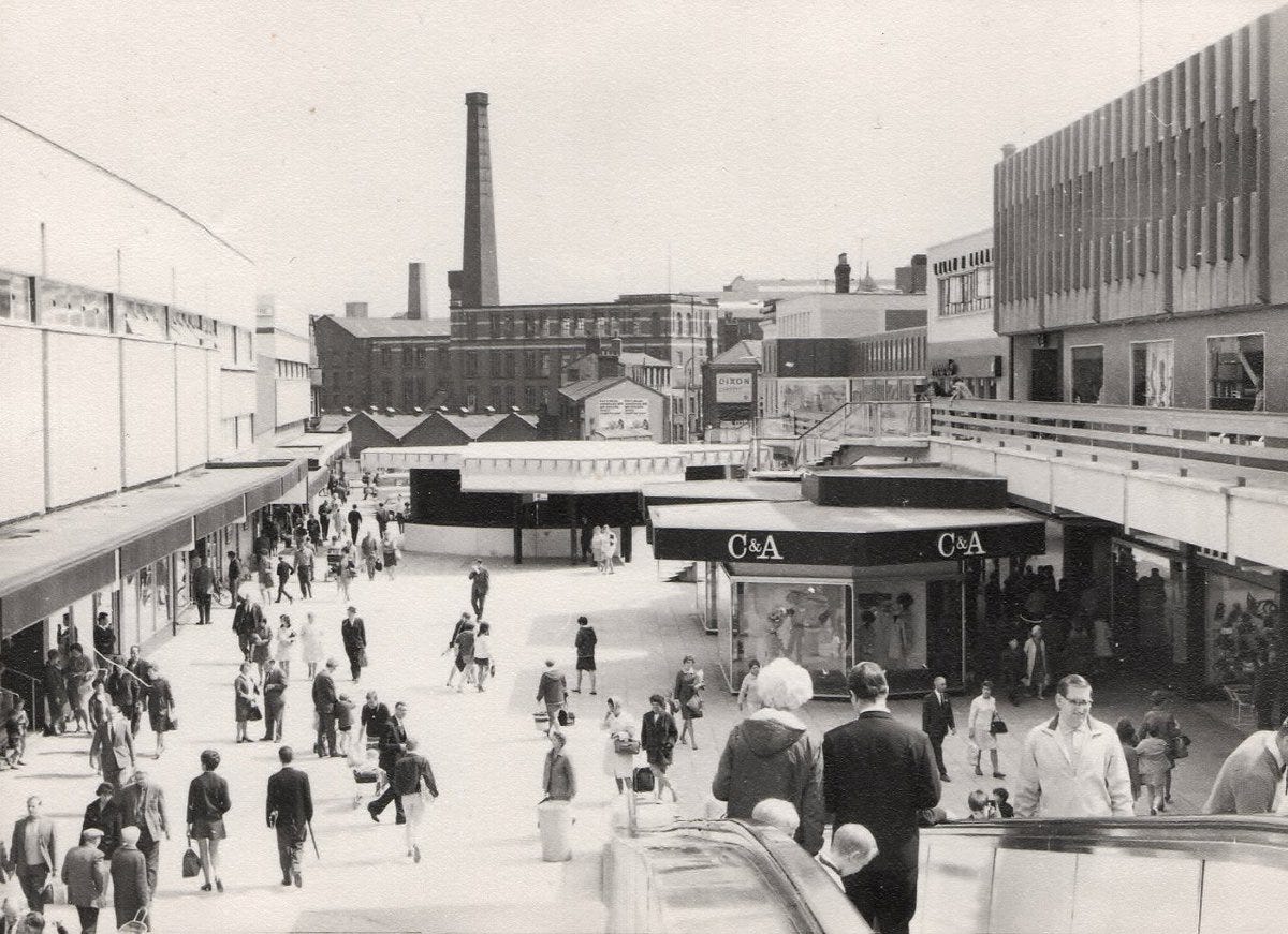 Merseyway Shopping Centre in Stockport, photographed when it was open but  still incomplete in about 1966(?), by Roy Weaver. @merseyway  @Manchesterpast @i_am_stockport @stockportnews #stockport #merseyway  #photography #history