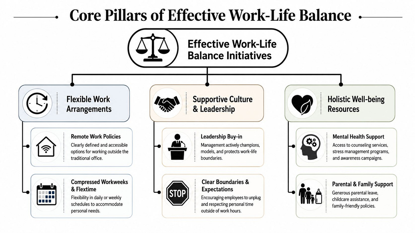 A diagram outlining the core pillars of effective work-life balance, including flexible arrangements, supportive culture, and well-being resources. A diagram outlining the core pillars of effective work-life balance, including flexible arrangements, supportive culture, and well-being resources.