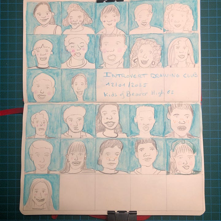 Les deux mêmes doubles-pages qu'au-dessus mais avec un fond turquoise ajouté autour des portraits.