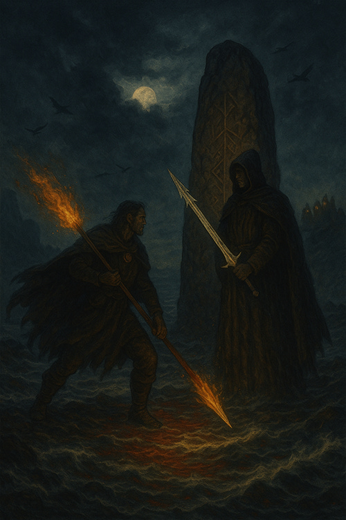 A storm-lit night scene shows two figures confronting one another on a turbulent, blood-red tide. On the left, a warrior in a dark cloak strides forward, gripping a flaming spear that casts fiery light across the waves. His expression is grim and determined. On the right, a hooded figure in shadow raises a silver sword that gleams coldly against the darkness. Behind them looms a massive standing stone carved with glowing runes, half-shrouded in mist, while a pale moon peers through swirling clouds overhead. Ravens wheel through the stormy sky, and distant spires burn faintly on the horizon. The entire scene feels mythic and ominous, as if an oath and a betrayal are colliding in one fateful moment.