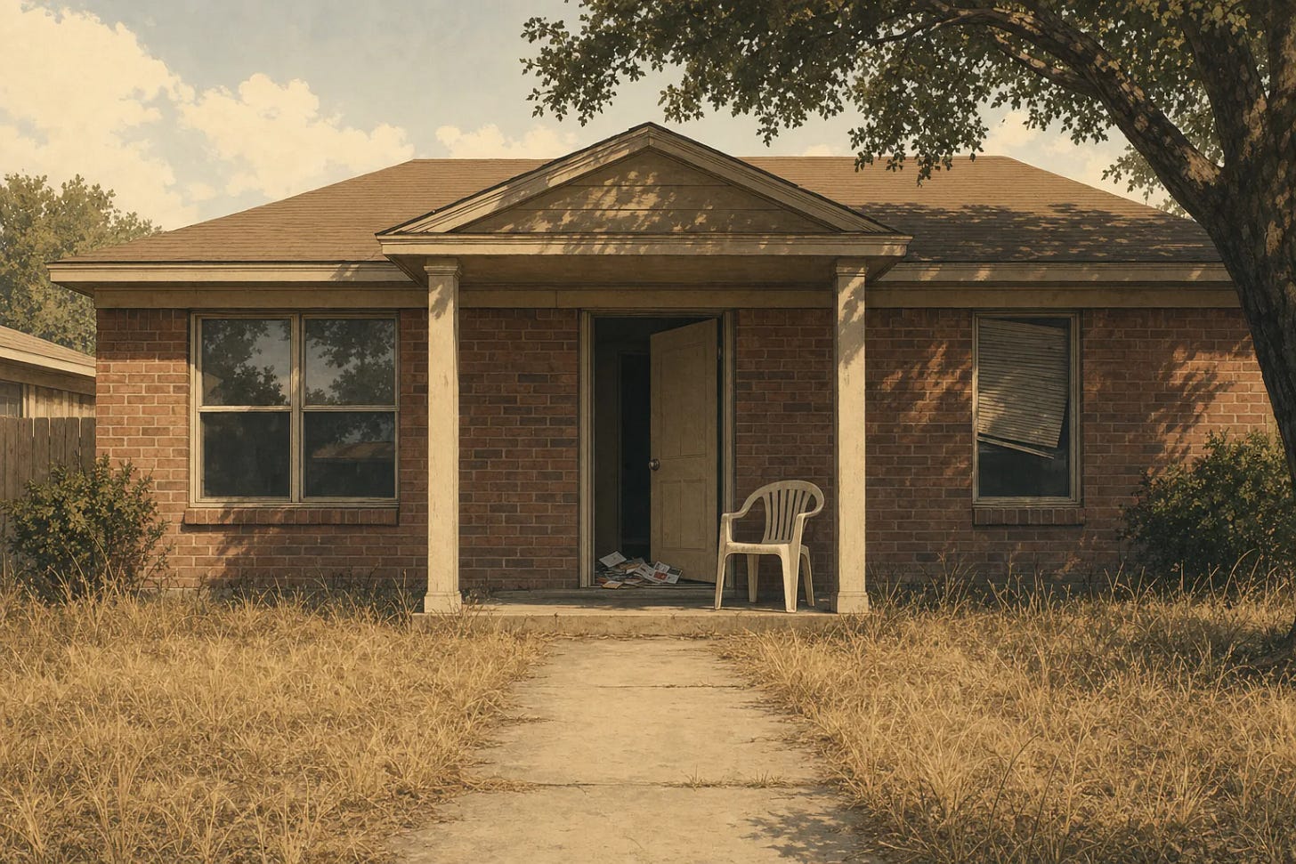 Vacant Texas brick house with the front door ajar, mail piled at the threshold and a dry unmowed lawn