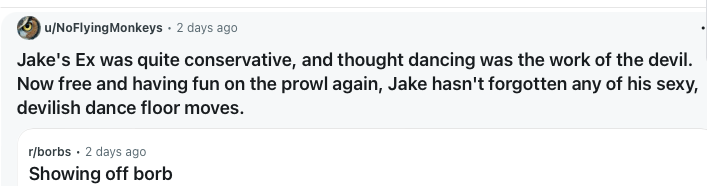 “Jake’s ex was quite conservative and thought dancing was the work of the devil. Now free and having fun on the prowl again, Jake hasn’t forgotten any of his devilish dance floor moves.” Followed by a video of a small brown bird, who struts and puffs out out his chest.