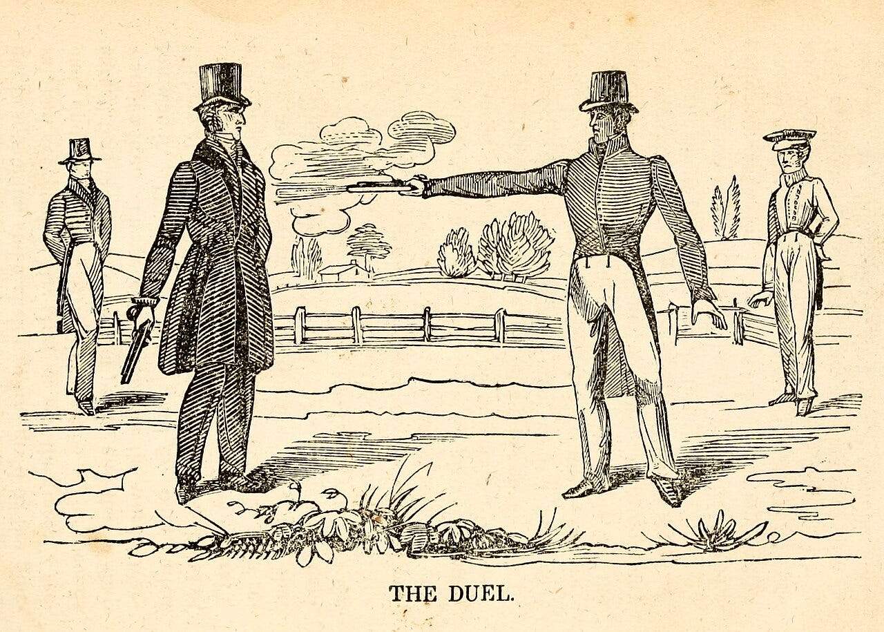 Four men in tophats, two in the foreground. The man on the right is shooting a pistol at the one on the left.