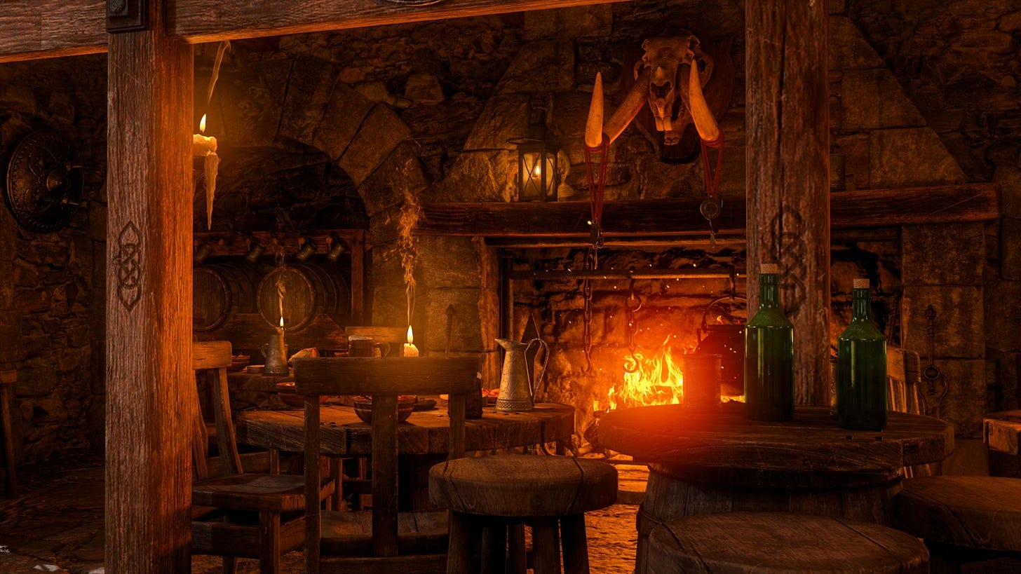 Inside a medieval tavern with round tables lit by candles and a burning open fireplace. 3D illustration. Inside a medieval tavern with round tables lit by candles and a burning open fireplace. 3D illustration.
