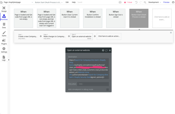 Send the user to Shopify to authorise, injecting key data into the URL