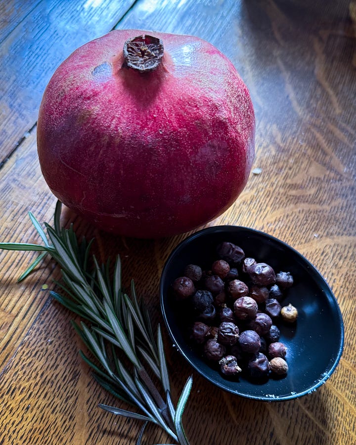 Photos of pomegranate, juniper, rosemary, chestnuts, Pine needles, blood oranges, sliced open and mulled wine simmering