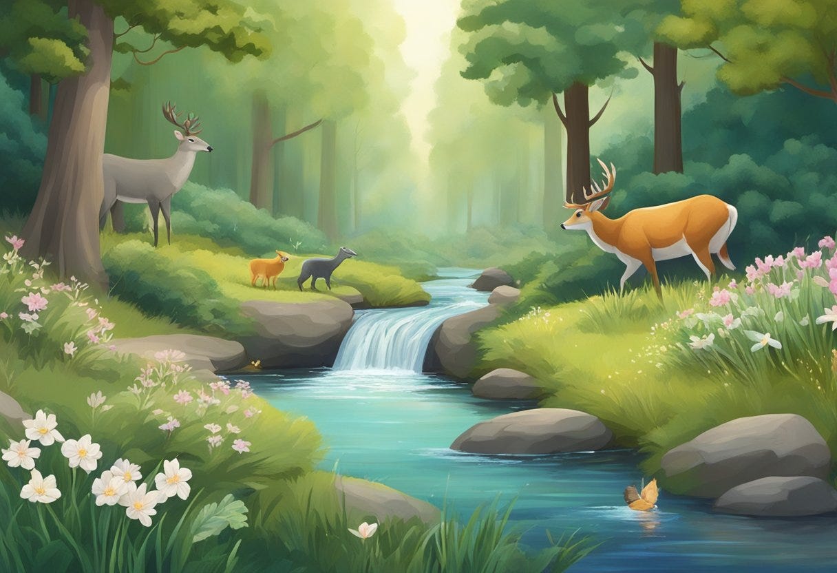 A serene forest clearing with a flowing stream, blooming flowers, and gentle animals coexisting peacefully