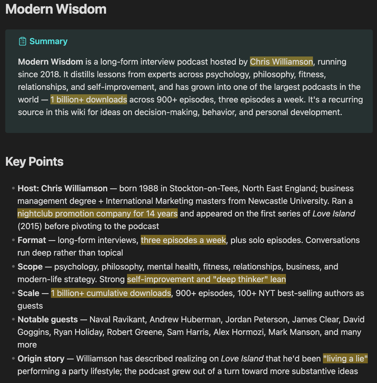 Modern Wisdom wiki pages on Obsidian page Modern Wisdom wiki pages on Obsidian page