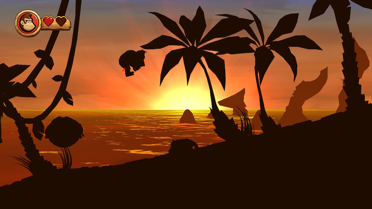 A sunrise level in DKCR where the entire level is shadow, except for the background horizon.