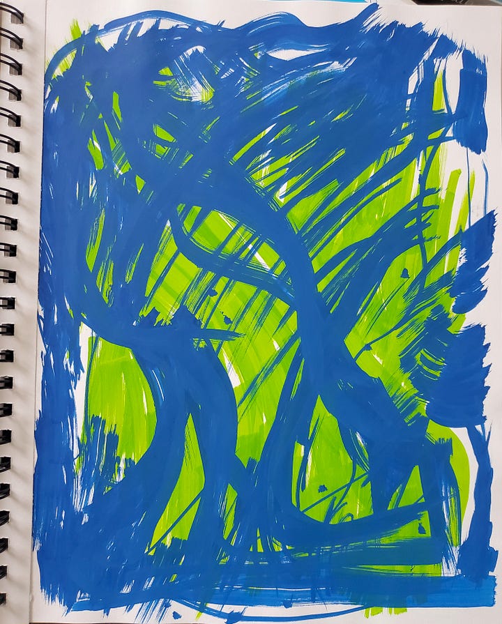 A series of abstract paintings with lots of squiggly lines in bright green, red, and blue/purple.