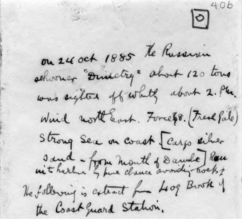 Gli appunti di Bram Stoker sul naufragio della Dimietry a Whitby.