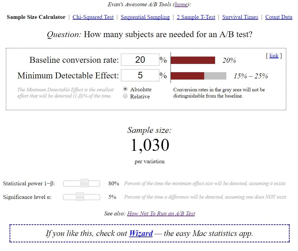 Sample size calculator configured with 5% minimum detectable effect and 0.2 beta (or 80% statistical power)