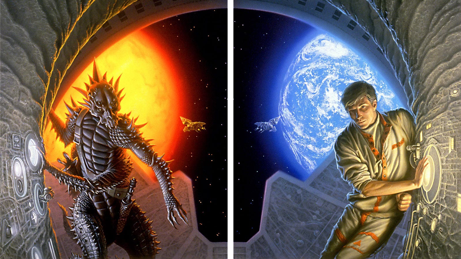 Detail from DAETRIN with a white line added to separate the two sections of the cover illustration. A mirrored perspective staring out the viewport of an alien spaceship. The interior is framed by a series of arches. The walls are textured like rock with ripples radiating throughout. On the right of the panel, a man in white jumpsuit trimmed with orange leans against an arched bulkhead. He presses a sensor with the flat of his palm. The white light of it bathes his right half. Behind him a spaceship approaches a cool blue cloud-covered planet. In the foreground of the panel left, an alien with spiky black carapace grips the wall with one of its four arms. It reaches across its body with the lower arm opposite, fingering a similar lighted sensor with a talon. Hips round sharply as it twist its torso to reach the sensor. A sheathed dagger is belted at its waist. Behind the alien, an orange sun glows warmly in contrast to the planet mirrored on the other side of the panel. Detail from DAETRIN with a white line added to separate the two sections of the cover illustration. A mirrored perspective staring out the viewport of an alien spaceship. The interior is framed by a series of arches. The walls are textured like rock with ripples radiating throughout. On the right of the panel, a man in white jumpsuit trimmed with orange leans against an arched bulkhead. He presses a sensor with the flat of his palm. The white light of it bathes his right half. Behind him a spaceship approaches a cool blue cloud-covered planet. In the foreground of the panel left, an alien with spiky black carapace grips the wall with one of its four arms. It reaches across its body with the lower arm opposite, fingering a similar lighted sensor with a talon. Hips round sharply as it twist its torso to reach the sensor. A sheathed dagger is belted at its waist. Behind the alien, an orange sun glows warmly in contrast to the planet mirrored on the other side of the panel.