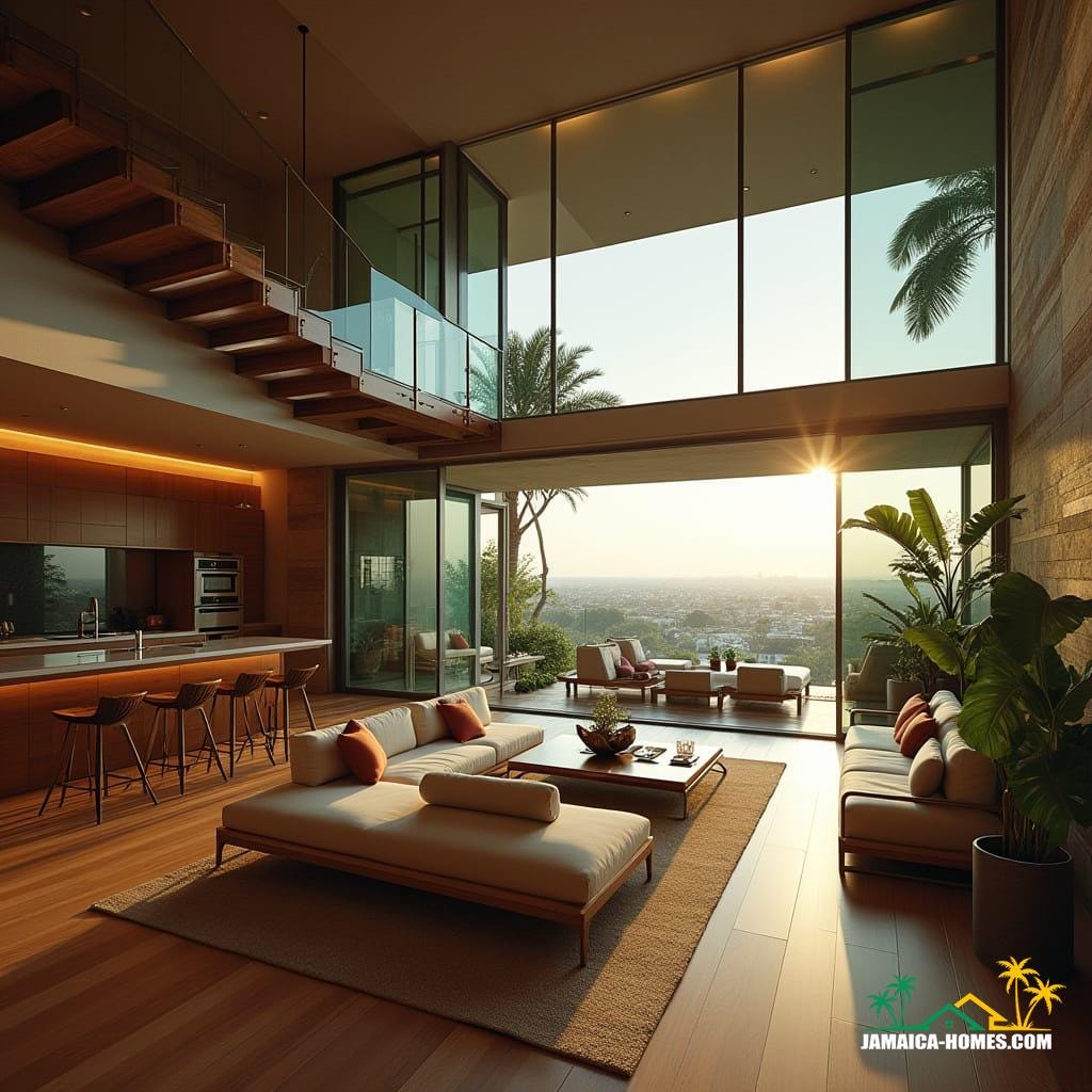 A luxurious townhouse living area in Kingston, Jamaica, seamlessly merging modern sophistication with tropical flair, as if plucked from a cinematic dreamscape. High ceilings and floor-to-ceiling glass windows infused with a warm, golden light, evoke the elegance of a Richard Neutra design. The floating staircase, crafted from rich, dark wood, appears to defy gravity, reminiscent of the innovative architecture of Zaha Hadid. The neutral color palette, punctuated by wooden textures and soft, ambient lighting, echoes the refined aesthetic of interior designer, Kelly Wearstler. The sleek kitchen island, with its polished surface and bar seating, seems to have been inspired by the futuristic visions of Syd Mead. As the living room flows onto the glass balcony, the vibrant cityscape unfolds like a masterpiece, evoking the atmospheric, cinematic quality of a Roger Deakins film still. The image is bathed in a warm, golden glow, with subtle film grain and a delicate vignette, as if shot on a v-raptor XL, with meticulous color grading and post-processing to evoke the epic, stunning, and dramatic qualities of a 35mm film.