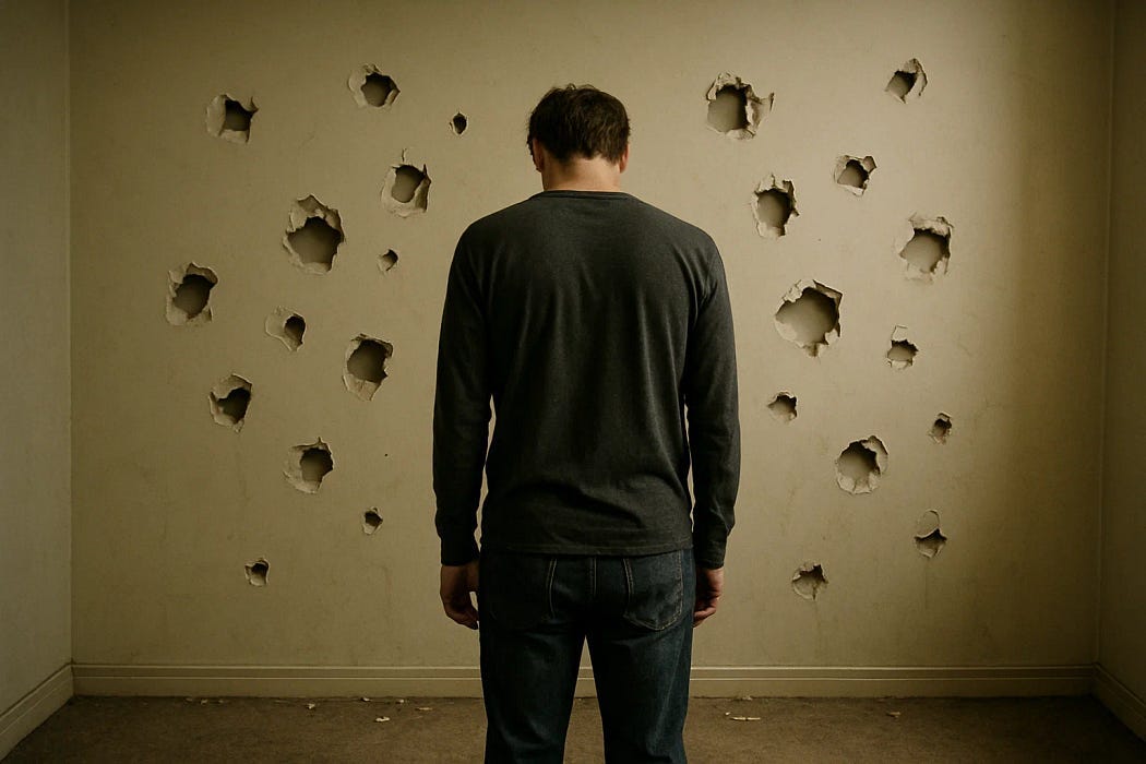 A man stands with his back to the camera, facing a beige wall filled with large holes that appear to have been punched through in rage or despair. His head is bowed, and his posture is heavy, suggesting emotional turmoil, suppressed anger, or trauma-induced outbursts.