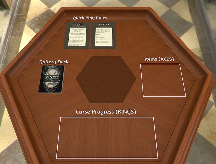 Screenshots of the two games layout in Tabletop Simulator. The first image shows Vanity, on an octagon table: Cards with rules at the top, the gallery deck to the left, and spaces for Curses and Items on the right and bottom. The second image shows GEMS: Rules cards on the upper left, with Gemstones, Jewelers, and the Security Measures below. In the center are four rectangles laid out in a cross pattern.