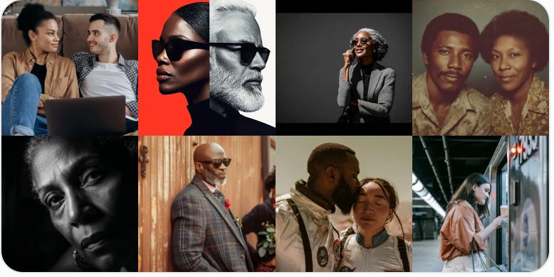 A digital collage moodboard for Scarlet Yearnings: Beyond First Glance featuring rich tones of mahogany, twilight blue, and urban gray. Images include a Trinidadian hillside home bathed in golden light, a stethoscope against a twilight hospital backdrop, a chef’s hands over copper pots, a subway platform in motion, and soft portraits of diverse characters — Black, Asian, Caribbean, and Latinx — all evoking themes of longing, identity, and second chances.