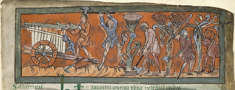 Cutting and loading wood: from an Anglo-Saxon calendar page for July, 11th century Cutting and loading wood: from an Anglo-Saxon calendar page for July, 11th century